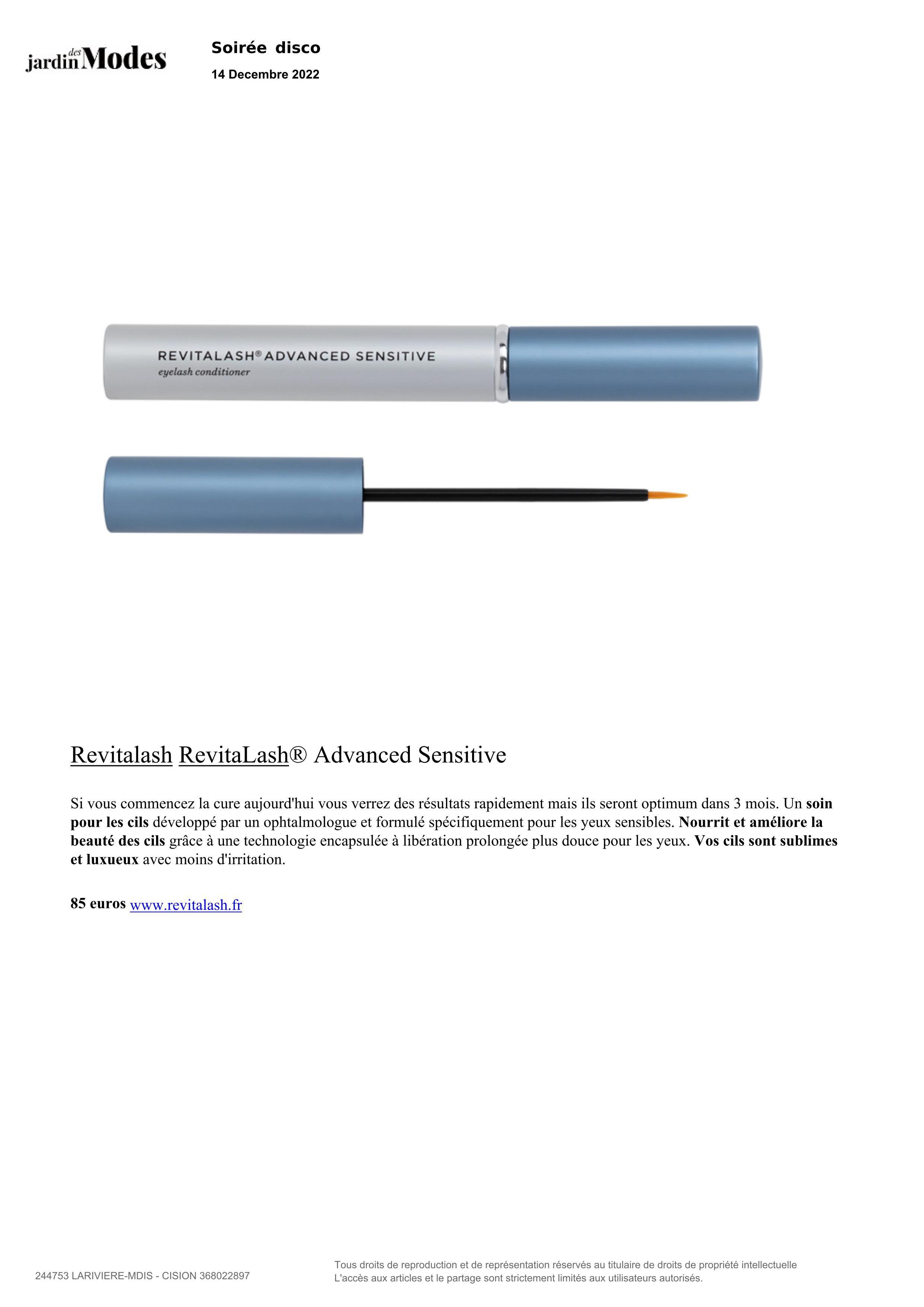 RevitaLash® Advanced Sensitive paru dans Jardin des Modes - Décembre 2022 